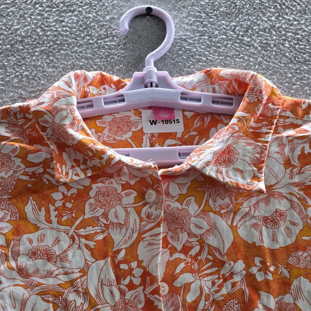 Woman Within Women Button Up Shirt L (18/20) Orange Linen Rayon Floral Artsy - Picture 5 of 8